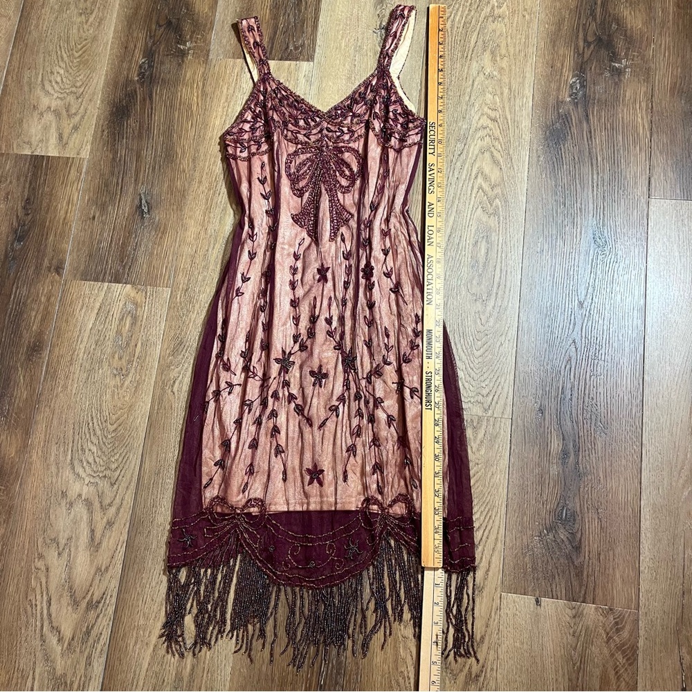 Vintage Y2K Beaded Dress Vintage Embroidered Mesh Burgundy Bow Flapper Dress - Picture 13 of 14